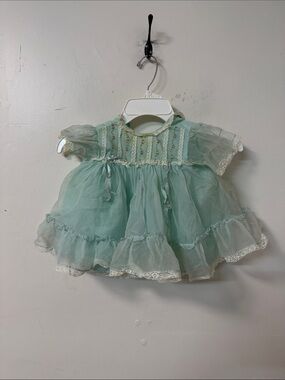 Nannette Mint Green blue Sheer Baby Girl Dress with Lace Trim